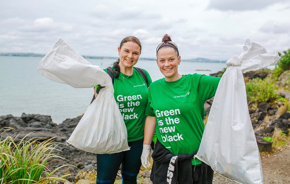 Air New Zealand's green team at a beach clean up in Auckland